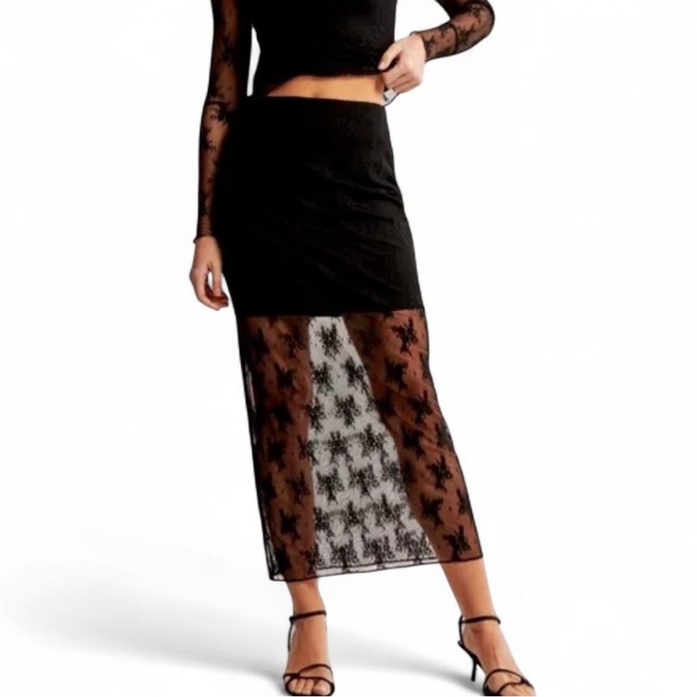 Abercrombie & Fitch Black Floral Lace Sheer Midi Skirt NWT L